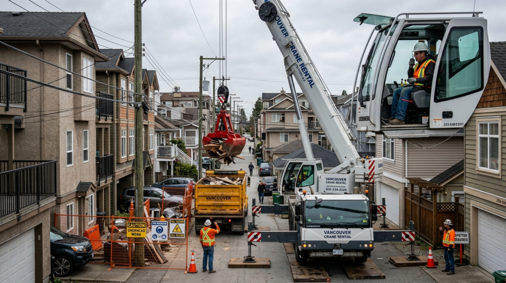 Wide-angle photorealistic shot of mobile crane with extended